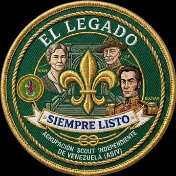 Insignia del Rally El Legado: escudo circular verde y dorado con la flor de lis y los retratos de Olave, Baden-Powell y Bolívar, banda 'Siempre Listo' y el nombre de la Agrupación Scout Independiente de Venezuela (ASIV).